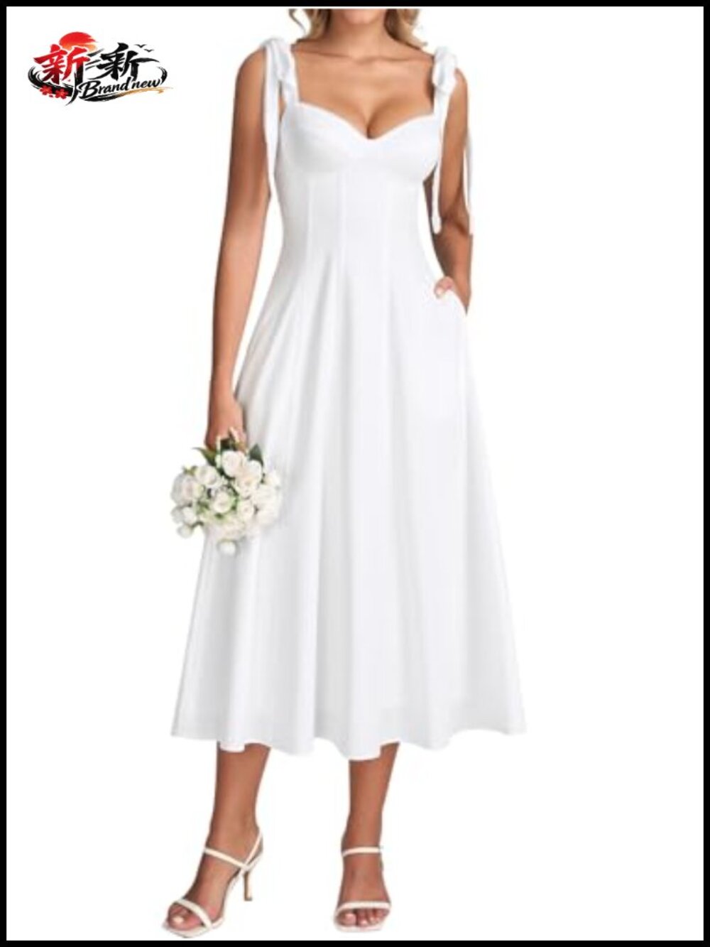 Flowy Corset Midi Dress with Pockets Adjustable Straps Smocked Back